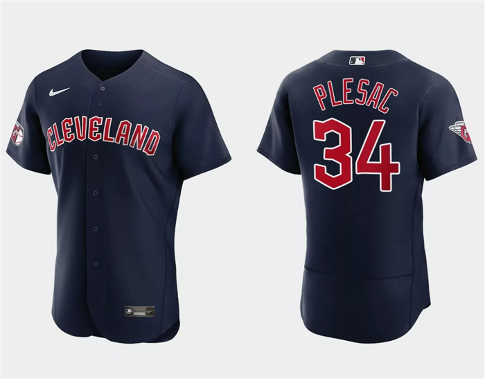 Personalized Men’s Cleveland Guardians #34 Zach Plesac Navy Flex Base Stitched Jersey