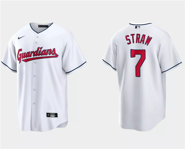 Personalized Men’s Cleveland Guardians #7 Myles Straw White Cool Base Stitched Jersey