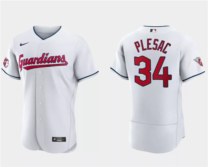 Personalized Men’s Cleveland Guardians #34 Zach Plesac White Flex Base Stitched Jersey