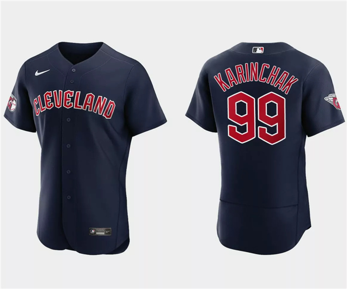 Personalized Men’s Cleveland Guardians #99 James Karinchak Navy Flex Base Stitched Jersey