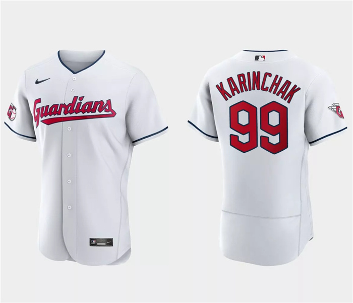 Personalized Men’s Cleveland Guardians #99 James Karinchak White Flex Base Stitched Jersey