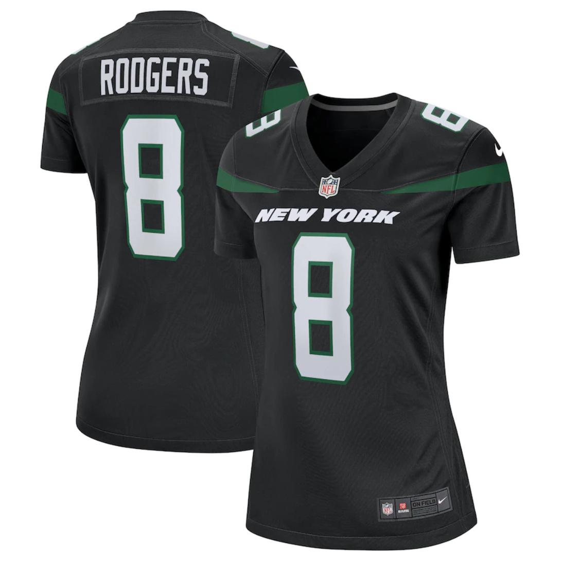 Personalized Women’s New York Jets #8 Aaron Rodgers Black Stitched Game Football Jersey(Run Small)