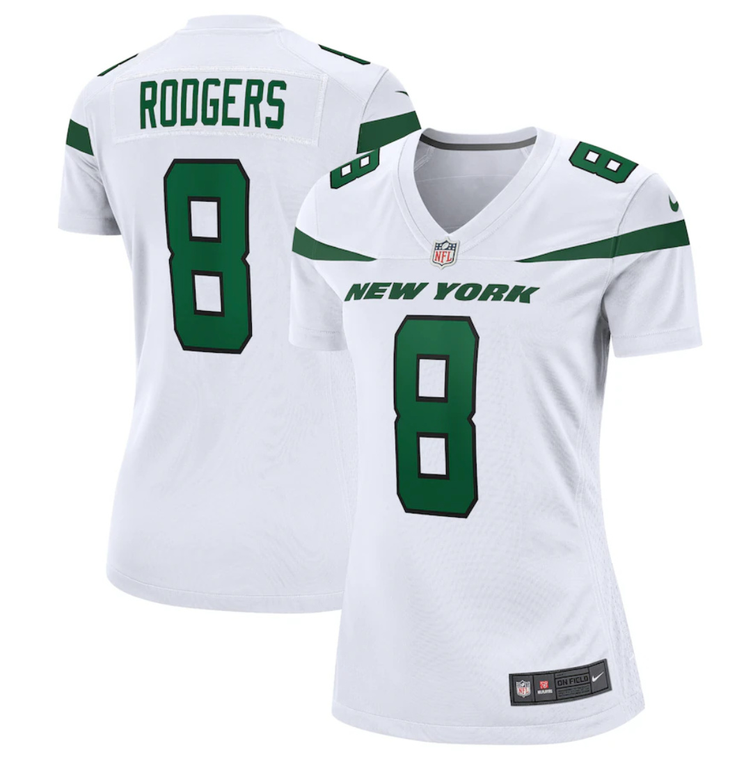 Personalized Women’s New York Jets #8 Aaron Rodgers White Stitched Game Football Jersey(Run Small)