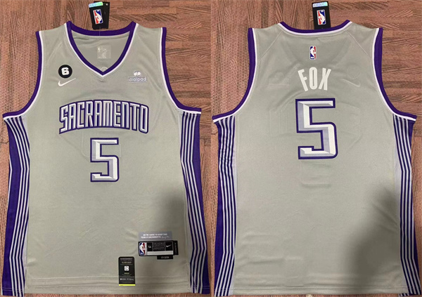 Personalized Men’s Sacramento Kings #5 De’Aaron Fox Gray No.6 Patch Stitched Jersey