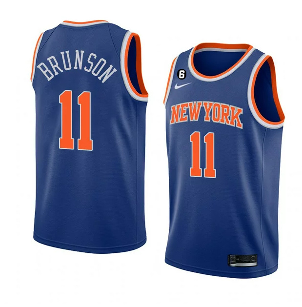 Personalized Men’s New Yok Knicks #11 Jalen Brunson Blue With NO.6 Patch Stitched Basketball Jersey