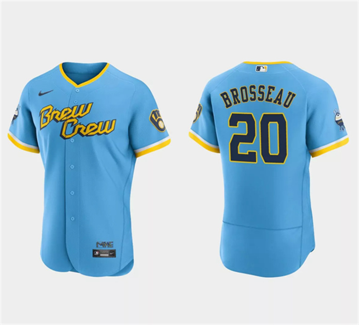 Personalized Men’s Milwaukee Brewers #20 Mike Brosseau Powder Blue 2022 City Connect Flex Base Stitched Baseball Jersey