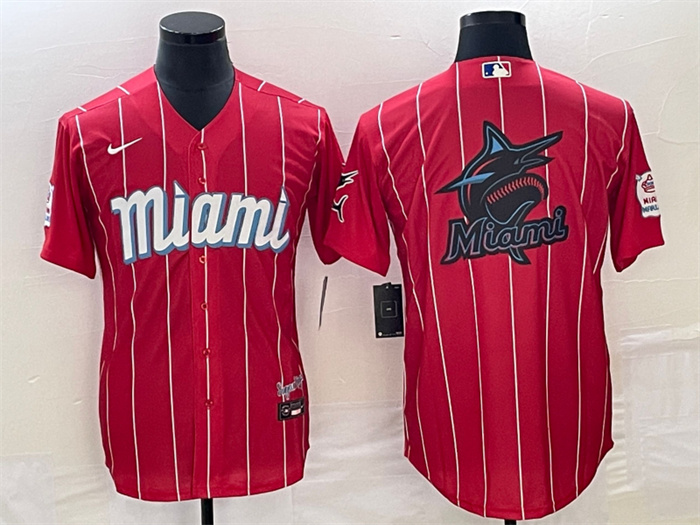 Personalized Men’s Miami Marlins Red Team Big Logo Cool Base Stitched Baseball Jersey