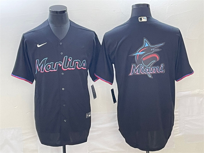 Personalized Men’s Miami Marlins Black Team Big Logo Cool Base Stitched Baseball Jersey