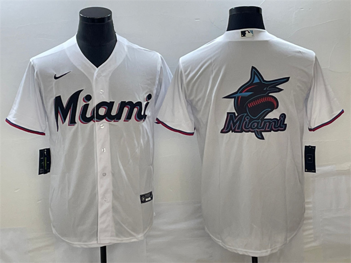 Personalized Men’s Miami Marlins White Team Big Logo Cool Base Stitched Baseball Jersey