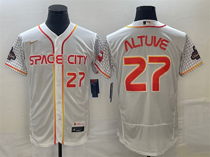 Personalized Men’s Houston Astros #27 Jose Altuve White With 2022 World Serise Champions Patch Stitched Baseball Jersey