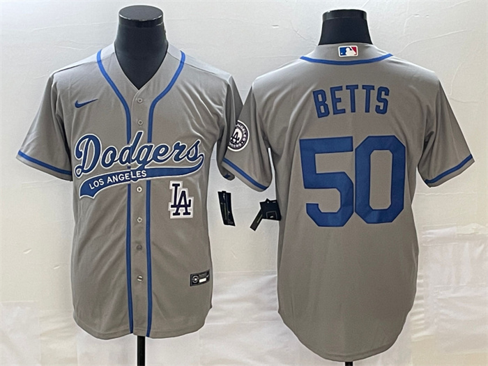 Personalized Men’s Los Angeles Dodgers #50 Mookie Betts Gray With Patch Cool Base Stitched Baseball Jersey