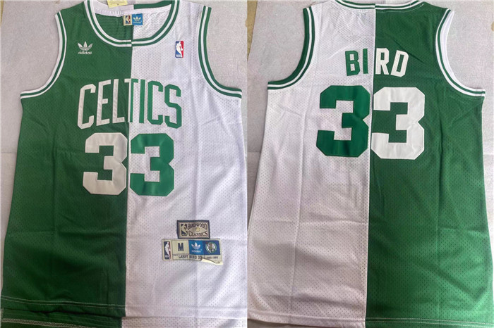 Personalized Men’s Boston Celtics #33 Larry Bird White Green Split Throwback Stitched Jersey
