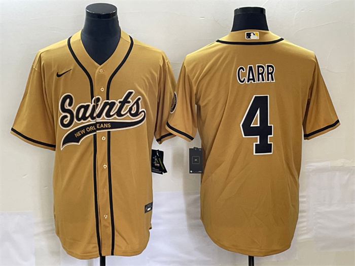 Personalized Men’s New Orleans Saints #4 Derek Carr Gold With Patch Cool Base Stitched Baseball Jersey