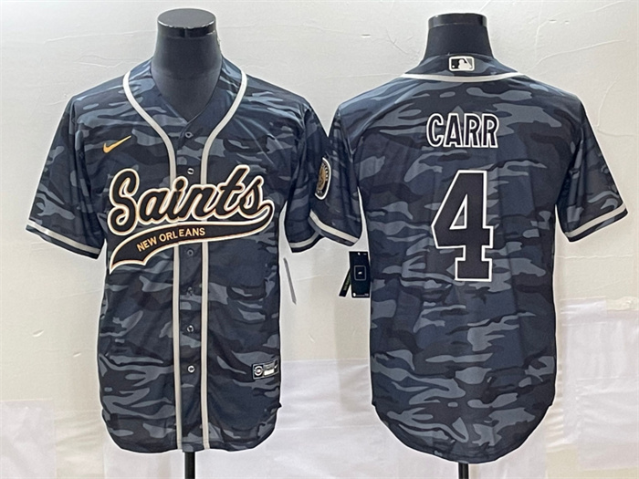 Personalized Men’s New Orleans Saints #4 Derek Carr Grey Camo With Patch Cool Base Stitched Baseball Jersey