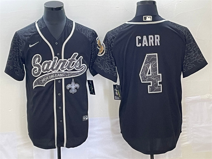 Personalized Men’s New Orleans Saints #4 Derek Carr Black Reflective With Patch Cool Base Stitched Baseball Jersey