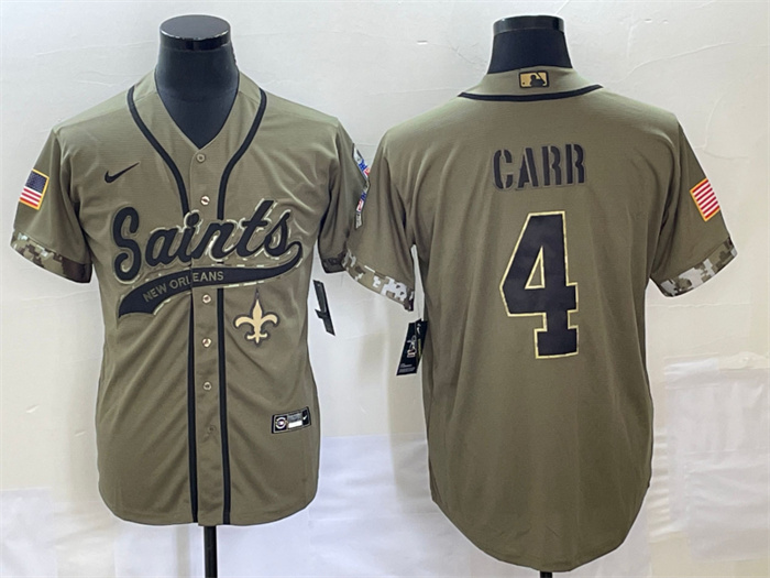 Personalized Men’s New Orleans Saints #4 Derek Carr Olive Salute To Service With Patch Cool Base Stitched Baseball Jersey