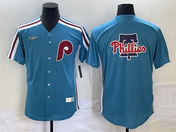 Personalized Men’s Philadelphia Phillies Blue Team Big Logo Cool Base Stitched Jersey