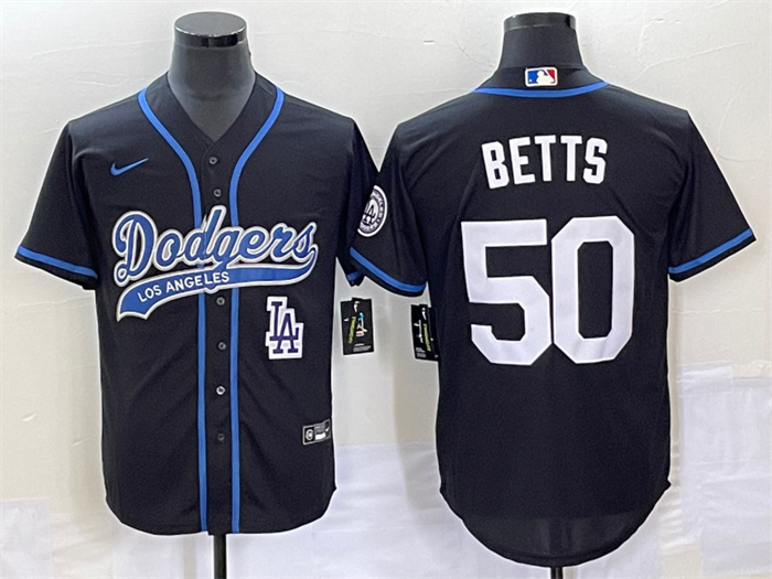 Personalized Men’s Los Angeles Dodgers #50 Mookie Betts Black With Patch Cool Base Stitched Baseball Jersey