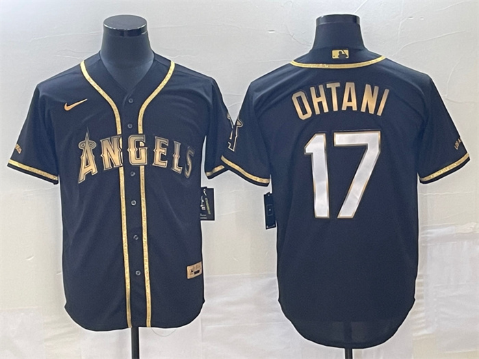 Personalized Men’s Los Angeles Angels #17 Shohei Ohtani Black Gold Cool Base Stitched Baseball Jersey
