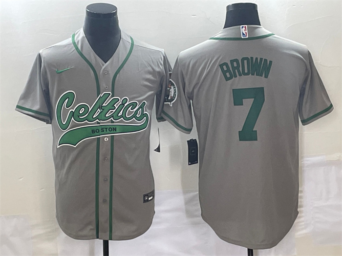 Personalized Men’s Boston Celtics #7 Jaylen Brown Gray Stitched Baseball Jersey