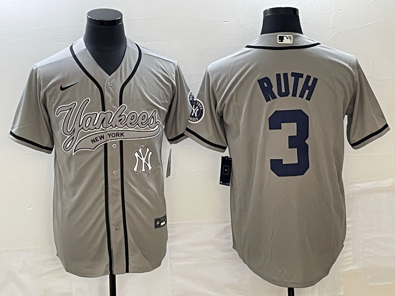 Personalized Men’s New York Yankees #3 Babe Ruth Gray With Patch Cool Base Stitched Baseball Jersey