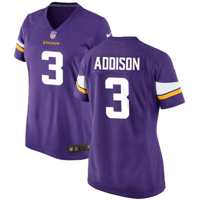 Personalized Women’s Minnesota Vikings #3 Jordan Addison Purple 2023 Draft Stitched Game Jersey(Run Small)