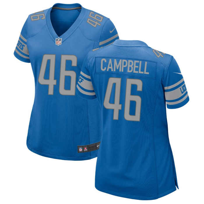 Personalized Women’s Detroit Lions #46 Jack Campbell Blue 2023 Draft Stitched Game Jersey(Run Smaller)