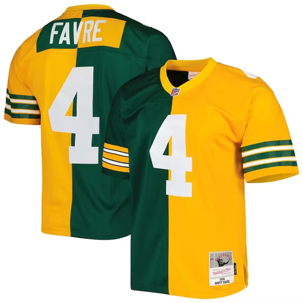 Personalized Men’s Green Bay Packers #4 Brett Favre Green Gold Mitchell & Ness 1996 Split Stitched Jersey
