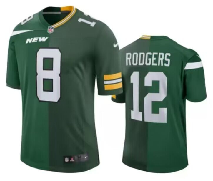 Personalized Men’s New York Jets Front #8 Back #12 Aaron Rodgers Split Green Jersey