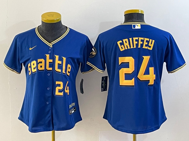 Personalized Women’s Seattle Mariners #24 Ken Griffey Jr. Royal 2023 City Connect With Patch Stitched Baseball Jersey(Run Small)