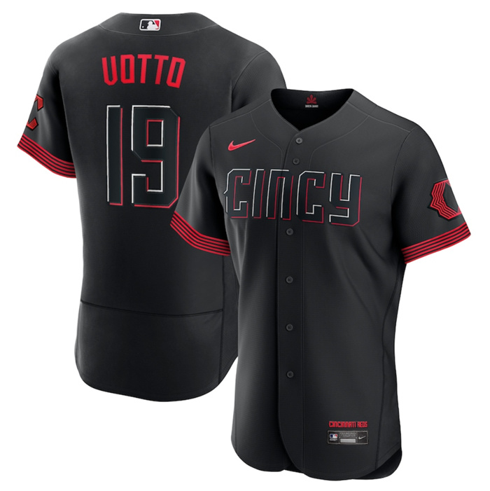 Personalized Men’s Cincinnati Reds #19 Joey Votto Black 2023 City Connect Flex Base Stitched Jersey