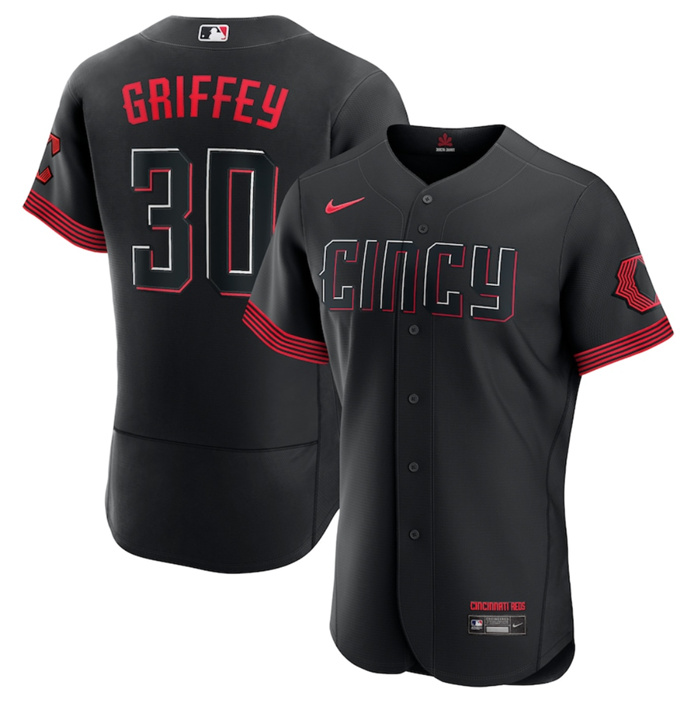 Personalized Men’s Cincinnati Reds #30 Ken Griffey Jr. Black 2023 City Connect Flex Base Stitched Jersey
