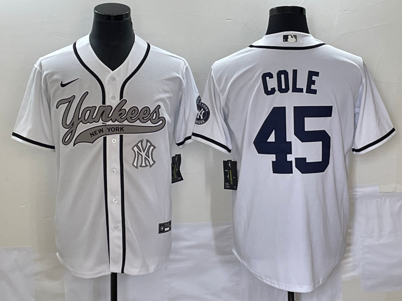 Personalized Men’s New York Yankees #45 Gerrit Cole White With Patch Cool Base Stitched Baseball Jersey