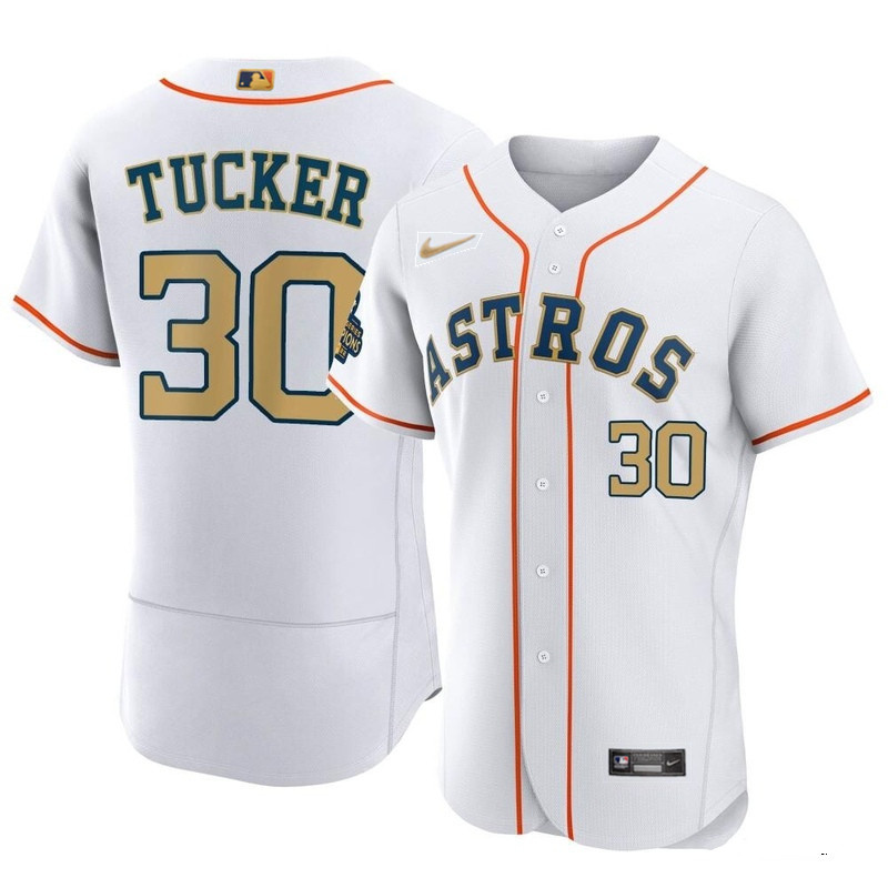 Personalized Men’s Houston Astros #30 Kyle Tucker White 2023 Gold Collection With World Serise Champions Patch Stitched Baseball Jersey