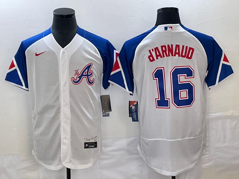 Personalized Men’s Atlanta Braves #16 Travis D’Arnaud White 2023 City Connect Flex Base Stitched Jersey