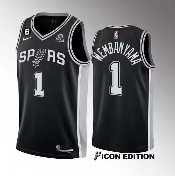 Personalized Men’s San Antonio Spurs #1 Victor Wembanyama Black 2022 23 Icon Edition With NO.6 Patch Stitched Basketball Jersey