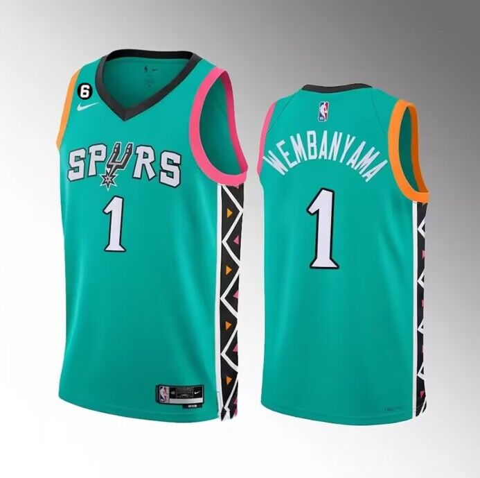 Personalized Men’s San Antonio Spurs #1 Victor Wembanyama Teal 2022 23 City Edition Swingman With NO.6 Patch Stitched Basketball Jersey