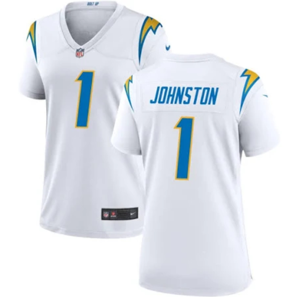 Personalized Women’s Los Angeles Chargers #1 Quentin Johnston White Stitched Game Jersey(Run Small)