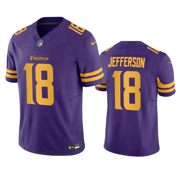 Personalized Men’s Minnesota Vikings #18 Justin Jefferson Purple 2023 F.U.S.E. Color Rush Stitched Jersey