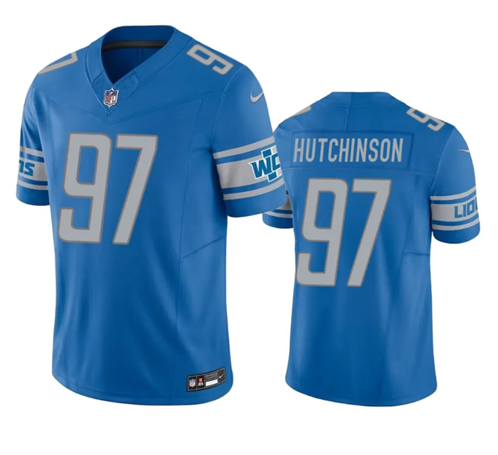 Personalized Men’s Detroit Lions #97 Aidan Hutchinson Blue 2023 F.U.S.E. Untouchable Limited Stitched Jersey