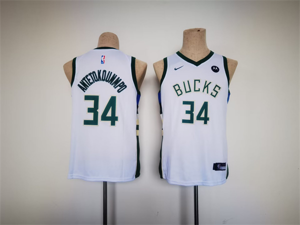Personalized Youth Milwaukee Bucks #34 Giannis Antetokounmpo White Stitched Basketball Jersey