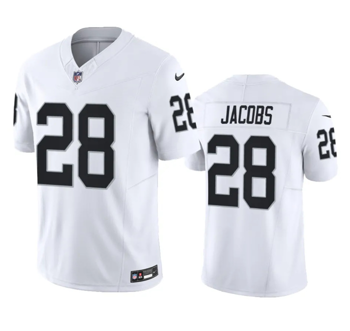 Personalized Men’s Las Vegas Raiders #28 Josh Jacobs White 2023 F.U.S.E Untouchable Stitched Football Jersey