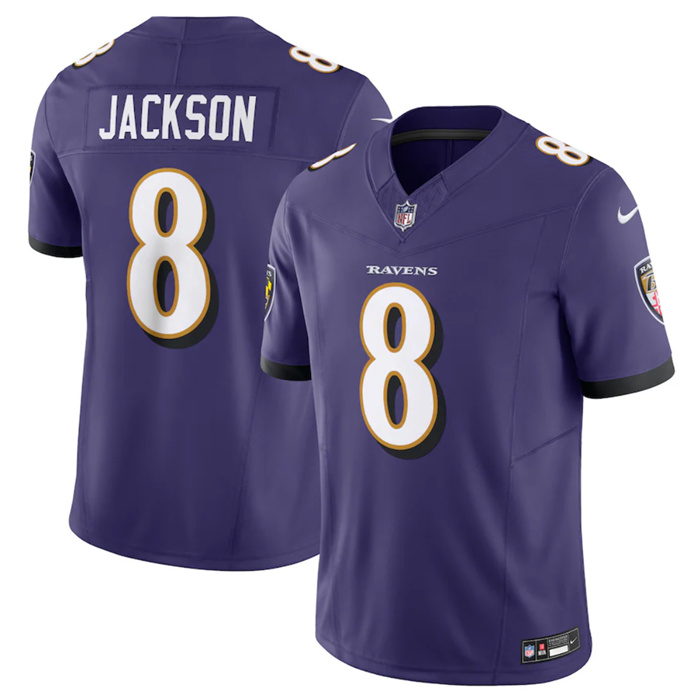 Personalized Men’s Baltimore Ravens #8 Lamar Jackson Purple 2023 F.U.S.E Jersey