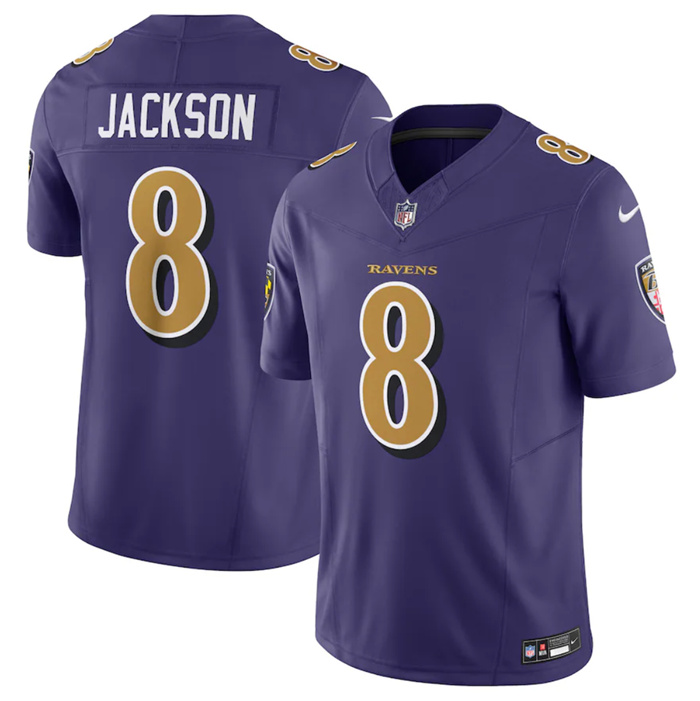 Personalized Men’s Baltimore Ravens #8 Lamar Jackson Purple 2023 F.U.S.E Coloe Rush Jersey