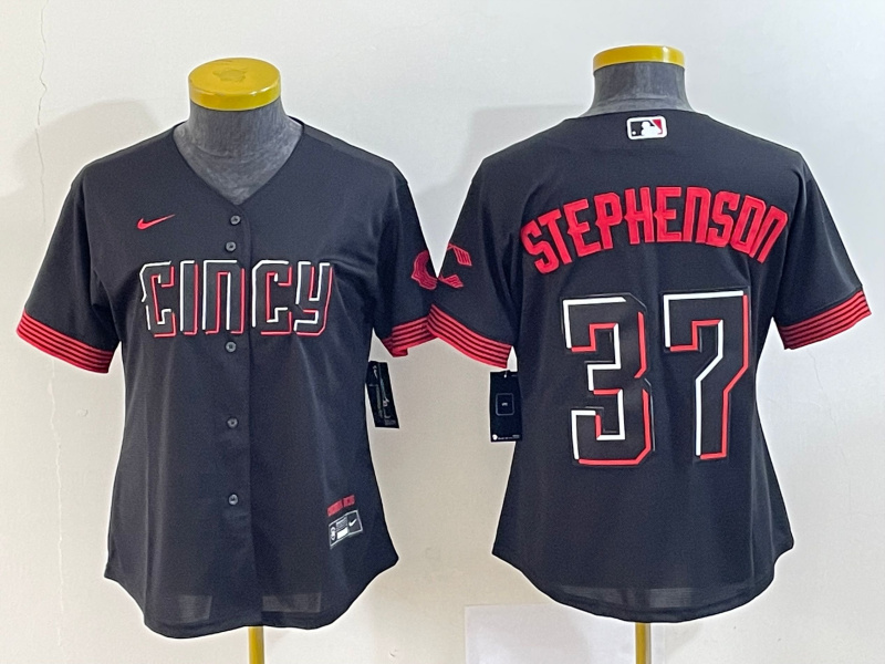 Personalized Women’s Cincinnati Reds #37 Tyler Stephenson Black 2023 City Connect Stitched Baseball Jersey(Run Small)