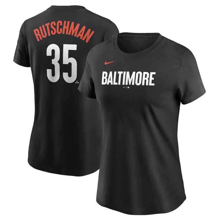 Personalized Women’s Baltimore Orioles #35 Adley Rutschman Black 2023 City Connect Name & Number T-Shirt(Run Small)