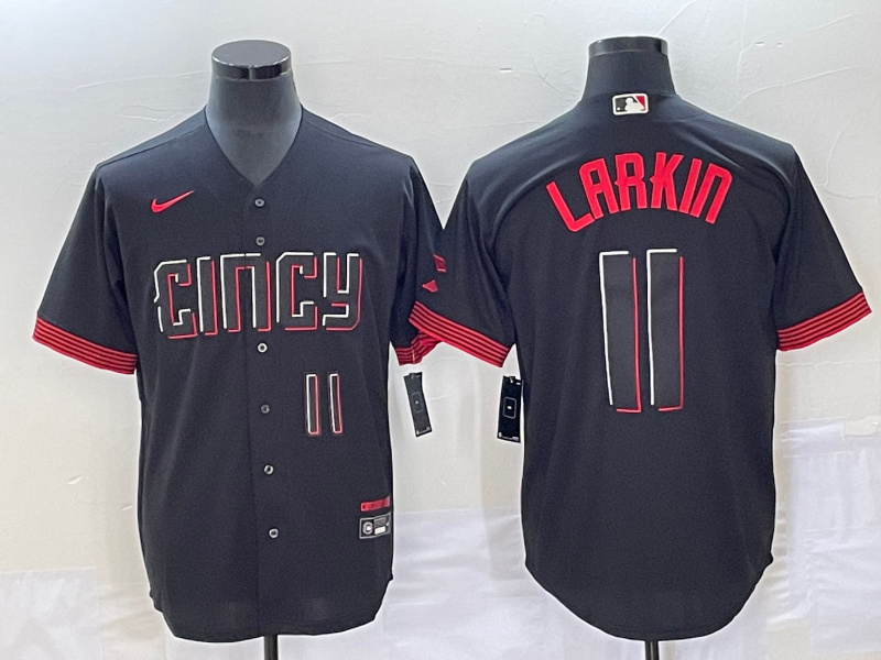 Personalized Men’s Cincinnati Reds #11 Barry Larkin Black 2023 City Connect With Patch Stitched Jersey