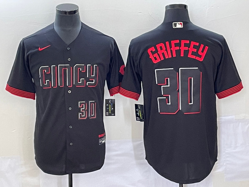 Personalized Men’s Cincinnati Reds #30 Ken Griffey Jr. Black 2023 City Connect With Patch Stitched Jersey