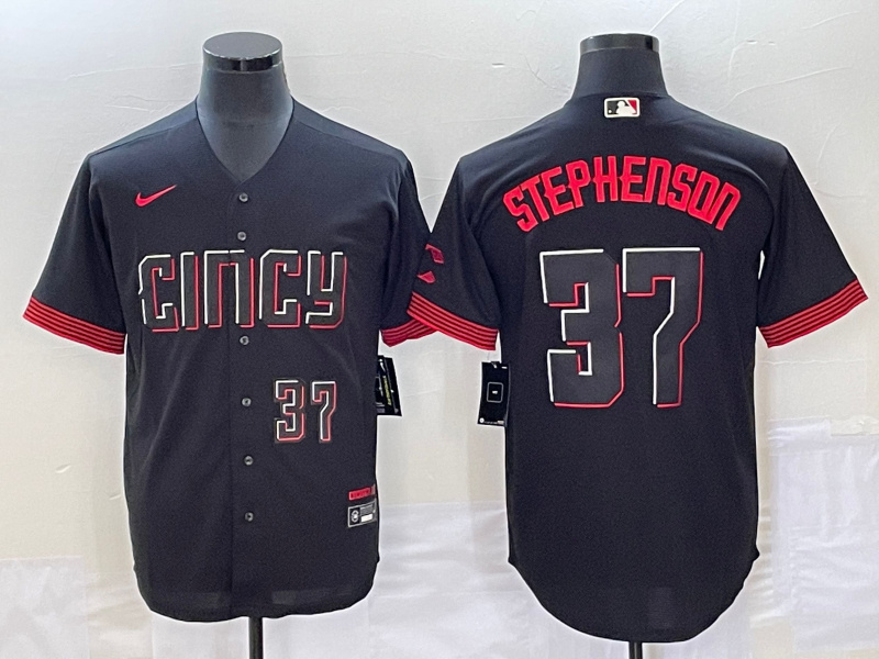 Personalized Men’s Cincinnati Reds #37 Tyler Stephenson Black 2023 City Connect With Patch Stitched Jersey