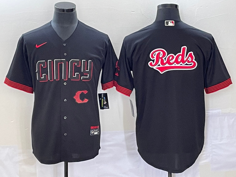 Personalized Men’s Cincinnati Reds Black Team Big Logo 2023 City Connect Cool Base Stitched Baseball Jersey